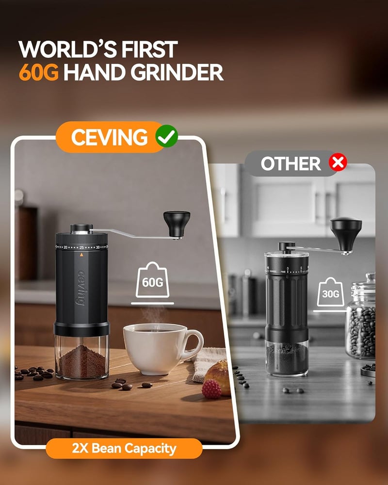 EZVING World's First 60g Large Capacity Manual Coffee Grinder, Portable Hand Coffee Bean Mill with 40 Adjustable Settings, Stainless steel Burr Grinder for Espresso, Pour Over, Camping, Travel, Gift, etc - Image 2